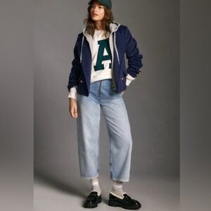 Anthropologie Maeve double breasted Navy  Jacket with gray hood size L euc